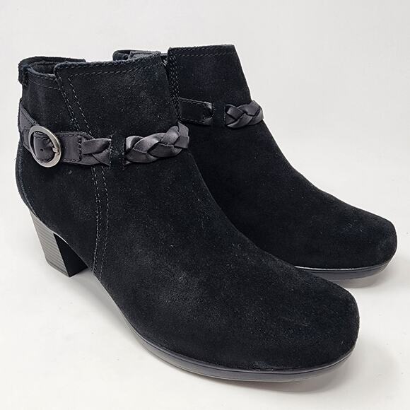 Clarks Booties Women 11 Wide Bendables Black Suede Stack Heel Braided Band 68728 - Picture 1 of 10